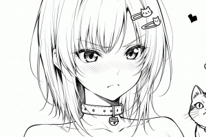 动漫女孩 黑白画线条画 4k壁纸