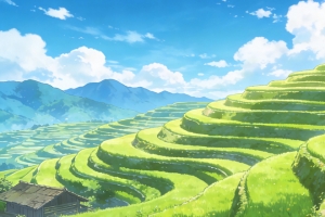 绿色梯田 蓝天白云 绘画风景3440x1440带鱼屏壁纸