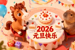 2026元旦快乐 可爱小马和卡皮巴拉 蛋糕 喜庆节日4k壁纸