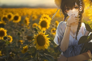 花海姑娘 向日葵女生 唯美好看动漫人物风景3440x1440带鱼屏壁纸
