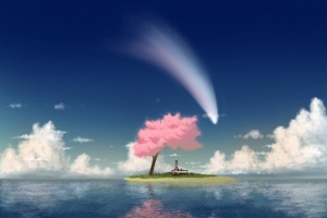 女生 小岛 树 唯美动漫人物风景 4K壁纸 3840x2400