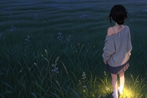 晚上绿草地女孩背影唯美4K动漫高清带鱼屏壁纸3440x1440免费下载
