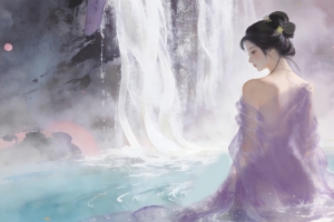 女孩背影唯美古风 瀑布3440x1440带鱼屏动漫壁纸免费