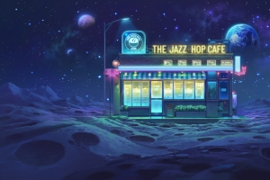 太空 月亮 行星 星星 小商店 路灯 霓虹灯 风景 4K壁纸