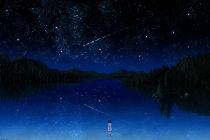 黑夜,晚上,天空,星星,流星,湖水,小女孩许愿,动漫图片