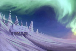3840x2160 房子 雪 树 北极光 冬天 艺术壁纸 背景