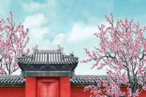 中国风红院桃花风景
