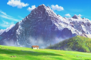 绘画风格4K高清3440x1440田野房屋绿草地山脉鱼屏风景壁纸免费下载