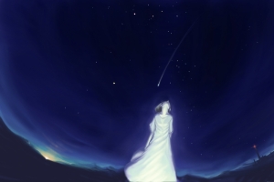 女孩 晚上 灯塔 天空 星星 5K动漫壁纸