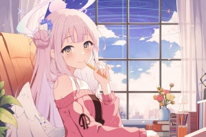 粉色头发 动漫女孩 书桌 花 窗户 云 4k动漫壁纸