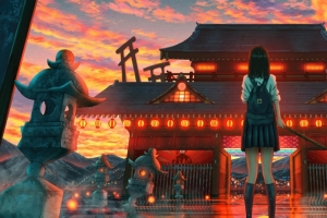 女孩背景 背包 城门 灯笼 3440x1440动漫壁纸