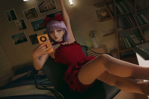 电脑桌 紫色波波头美女 红色裙子 华为手机自拍3440x1440动漫壁纸