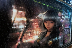 出租车里的动漫女郎下雨4k动漫壁纸
