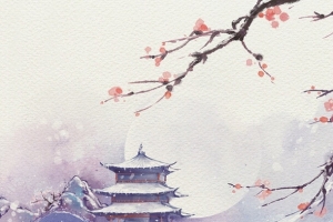 中国风月下水边庭院花枝海报背景