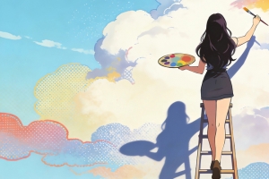 女孩背影 画画 天空 云 3440x1440带鱼屏壁纸