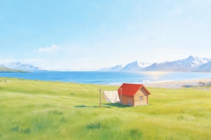 蓝天湖水山脉雪山绿草地小木屋4k车机风景壁纸3840x2160免费下载