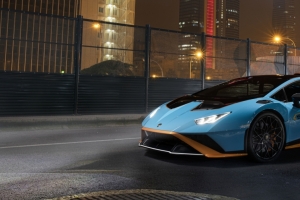 兰博基尼huracan sto蓝色跑车3440x1440带鱼屏壁纸
