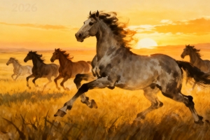2026年 草原 黄昏 夕阳 奔跑的骏马 水墨风 4k壁纸