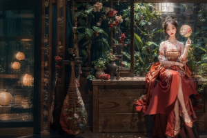 古风美女 扇子 红色裙子 室内 绿色植物 鲜花 4K壁纸 3840x2160