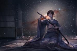 和服 动漫 女孩 武士刀 晚上 天空 星空 4K动漫壁纸