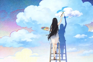 美女画家背影与梯子 4K高清车机壁纸3840x2160免费下载