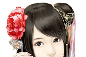 红衣红花女子古风立绘