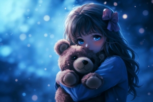 可爱蓝色眼睛小女孩抱小熊 蓝色背景4K动漫高清壁纸3840x2160免费下载