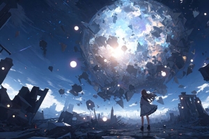 女孩 剪影 星球 爆炸 碎片 蓝色 动漫 4k壁纸 3840x2160