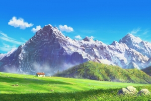 绘画风景4K高清壁纸，田野房屋绿草地山脉天空阳光4096x2475免费下载