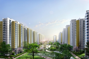 早晨太阳初升时现代城市楼群小区