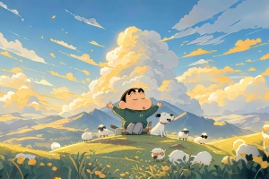 蜡笔小新 小狗 小绵羊 草地 3000*2000高清壁纸