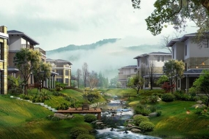 豪华小区风景含小河天空大山雾气高清PNG透明背景设计素材免费下载