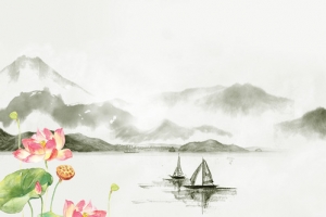 中国风水墨初夏荷花渲染小舟banner