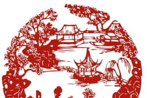 古代中式庭院窗花剪影矢量图