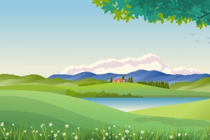 简约插图 背景 自然 山 天空 云 丘陵 绿色 蓝色的 湖 水 树木8k风景壁纸