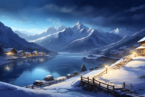 冬季 夜景 雪景 雪山 湖水 房子 灯光 4k风景壁纸