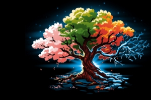 艺术 极简主义 树木 四季 彩色树叶 花瓣 简单黑色背景 树枝 落叶 4k壁纸素材