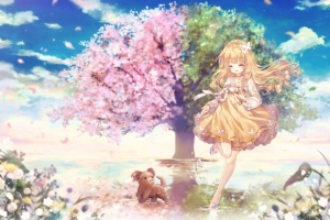 天空 花瓣 粉色绿色的树 女孩 小狗 唯美动漫4k壁纸