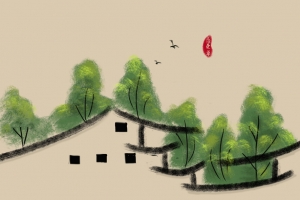 小屋舍 树 国风 忘忧草 手绘 5K风景桌面壁纸