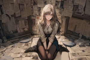 美女坐地板报纸墙背景车机动漫横屏超高清壁纸2880x1800免费下载