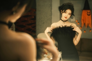 4K 可爱 美女 梳妆台 镜子 鞠婧祎 黑色裙子 电脑 壁纸
