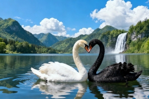 湖水 一对天鹅 浪漫 爱心 4k壁纸