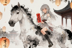 2026年马年 万事如意 古风 水墨画 马 女孩 4k壁纸