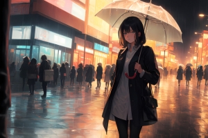 夜晚 雨天 步行街 动漫女孩3440*1440带鱼屏壁纸