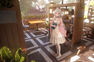 可爱长白发蓝眼睛微笑女孩图书馆植物4K高清壁纸3840x2160免费下载