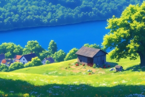 河流 房子 小屋 树 草地 鲜花 4K风景壁纸 3840x2160