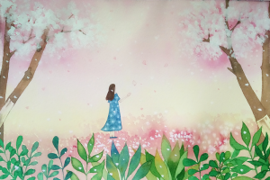 春天背景手绘樱花手绘人物绿叶