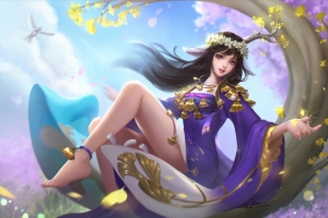 坐在树上的女孩 花环 树叶 4k动漫壁纸