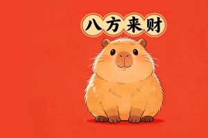 八方来财 卡皮巴拉 新年喜庆红色背景4K壁纸
