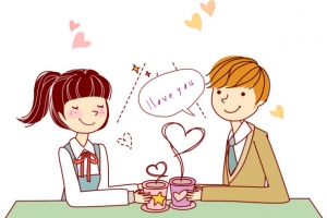 卡通情侣喝茶手绘